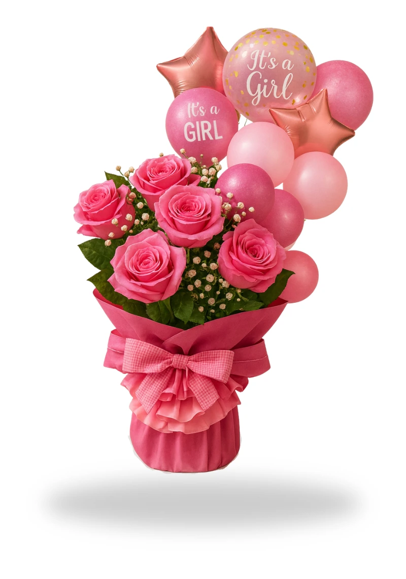baby girl balloons and flowers